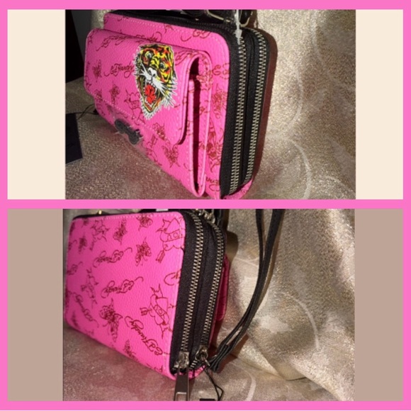 Ed Hardy Pink Crossbody Wallet w Tiger Motif Bubblegum Barbie Pink - Picture 3 of 9